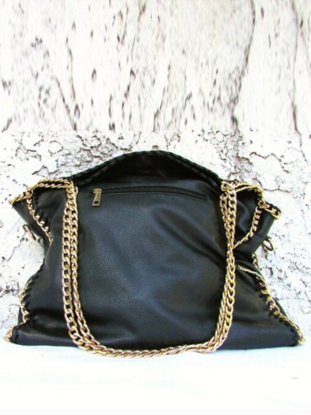 Black faux leather gold tone chain tote 15"X14"X5"